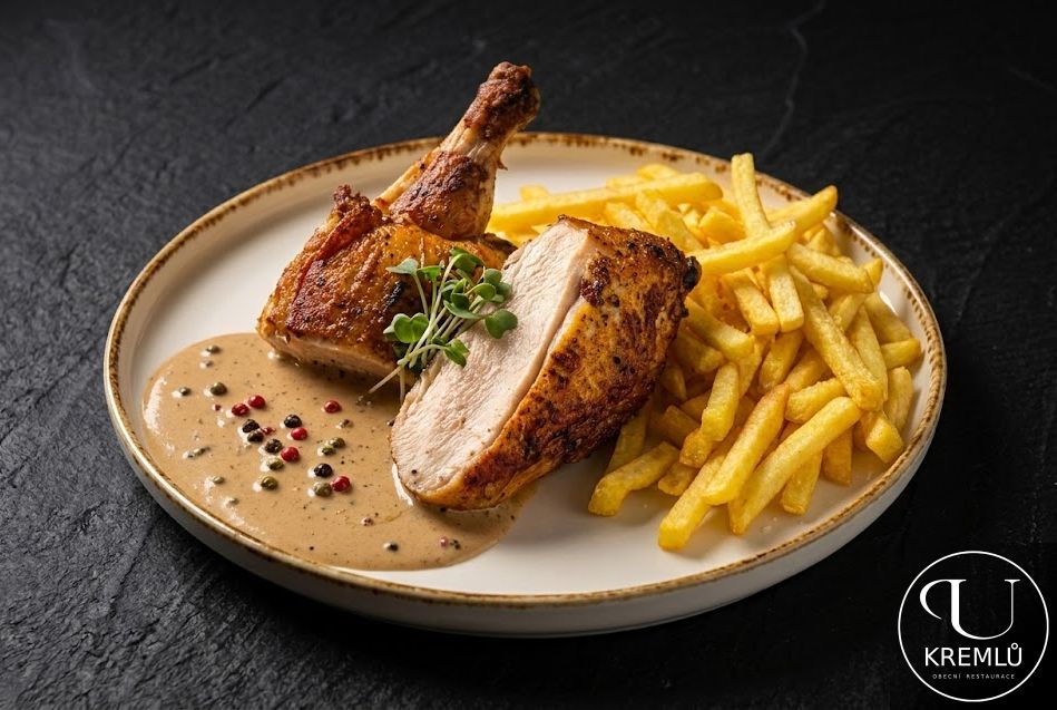 220g Kuřecí Supreme, pepřová omáčka, hranolky